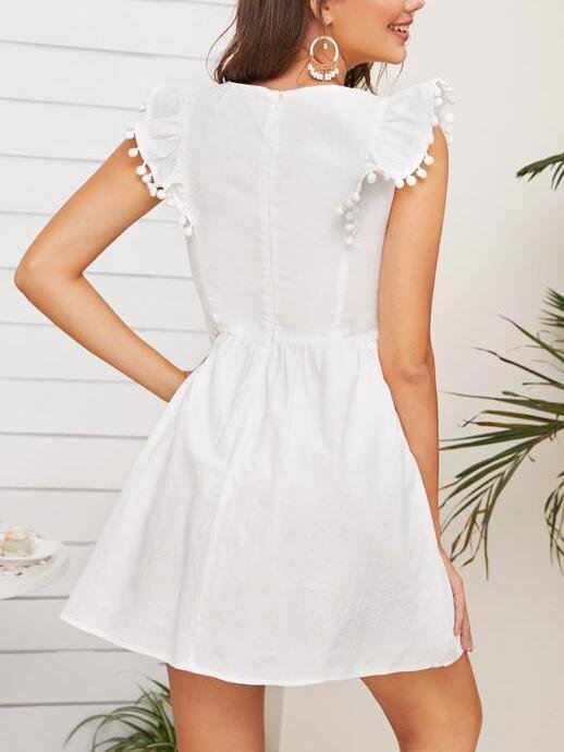 Pompom Ruffle Armhole Tribal Embroidered Dress - Dresses - INS | Online Fashion Free Shipping Clothing, Dresses, Tops, Shoes - 01/28/2021 - Beach - Color_White