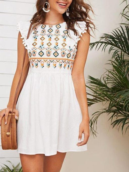 Pompom Ruffle Armhole Tribal Embroidered Dress - Dresses - INS | Online Fashion Free Shipping Clothing, Dresses, Tops, Shoes - 01/28/2021 - Beach - Color_White