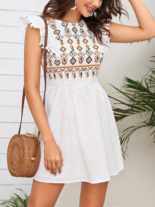 Pompom Ruffle Armhole Tribal Embroidered Dress - Dresses - INS | Online Fashion Free Shipping Clothing, Dresses, Tops, Shoes - 01/28/2021 - Beach - Color_White