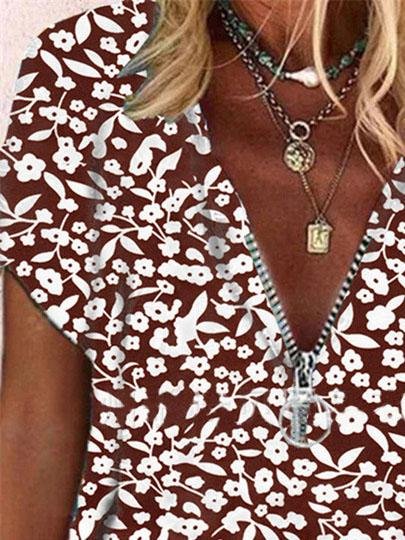 Popular V-Neck Floral Casual Short-sleeved T-shirt - T-Shirts - INS | Online Fashion Free Shipping Clothing, Dresses, Tops, Shoes - 31/05/2021 - Category_T-Shirts - Category_Tops