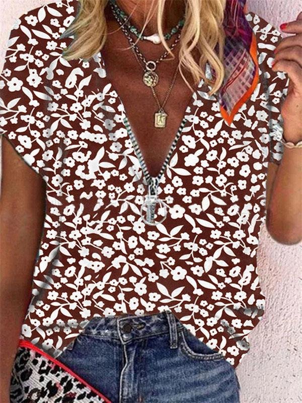 Popular V-Neck Floral Casual Short-sleeved T-shirt - T-Shirts - INS | Online Fashion Free Shipping Clothing, Dresses, Tops, Shoes - 31/05/2021 - Category_T-Shirts - Category_Tops