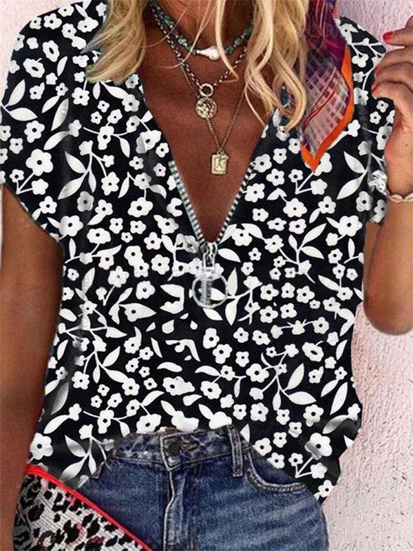 Popular V-Neck Floral Casual Short-sleeved T-shirt - T-Shirts - INS | Online Fashion Free Shipping Clothing, Dresses, Tops, Shoes - 31/05/2021 - Category_T-Shirts - Category_Tops