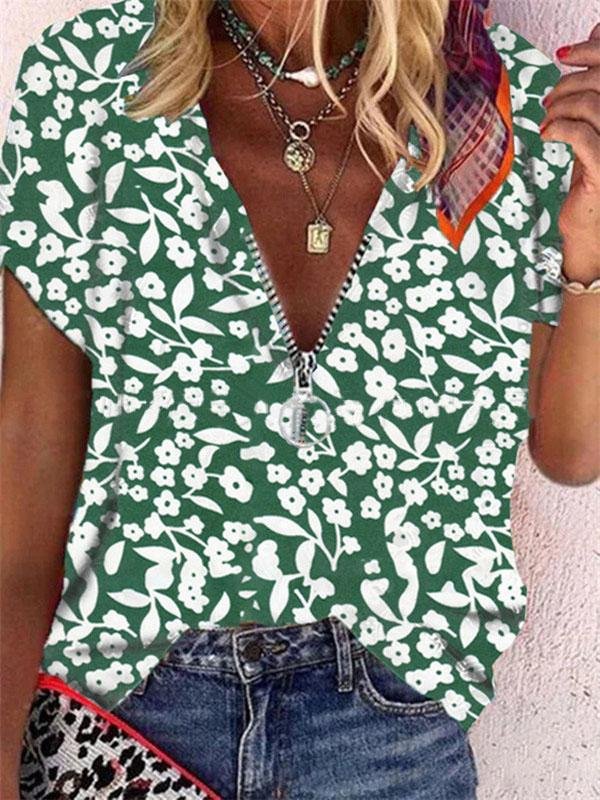 Popular V-Neck Floral Casual Short-sleeved T-shirt - T-Shirts - INS | Online Fashion Free Shipping Clothing, Dresses, Tops, Shoes - 31/05/2021 - Category_T-Shirts - Category_Tops