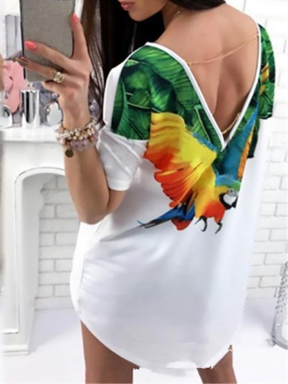 Print Deep V Halter Backless Short Sleeves T-shirt Dress - Mini Dresses - INS | Online Fashion Free Shipping Clothing, Dresses, Tops, Shoes - 10-20 - 23/07/2021 - color-blue