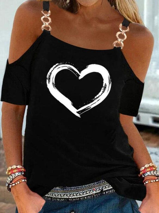 Print Heart Cold Shoulder Short Sleeves T-shirts - T-shirts - INS | Online Fashion Free Shipping Clothing, Dresses, Tops, Shoes - 10-20 - 22/06/2021 - color-black