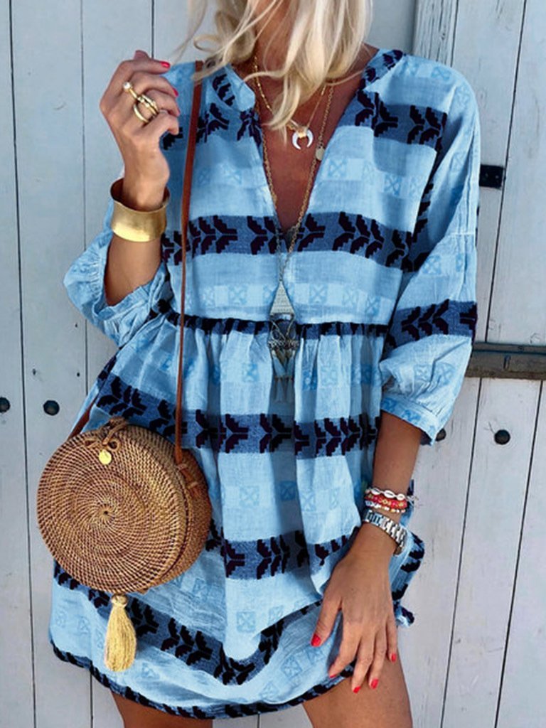 Print V Neck Casual 3/4 Sleeve Women's Dress - Mini Dresses - INS | Online Fashion Free Shipping Clothing, Dresses, Tops, Shoes - 20-30 - 20/07/2021 - color-blue