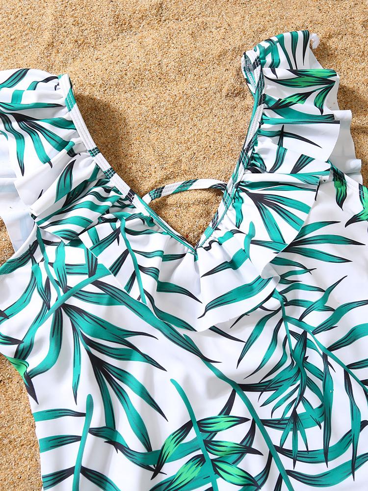 Print V Neck Ruffle One-Piece Swimsuit - Swimsuits - INS | Online Fashion Free Shipping Clothing, Dresses, Tops, Shoes - 06/04/2021 - Beach - Green