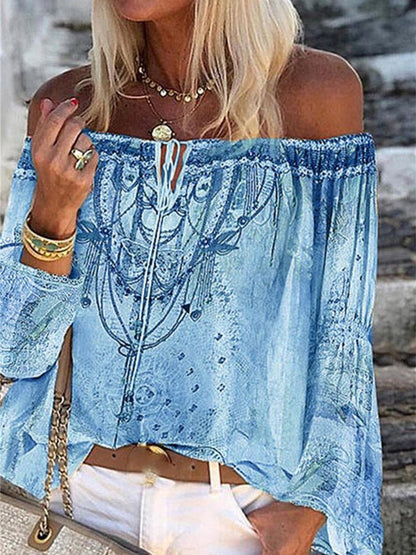 Printed Boat Neck Flare Sleeve Chiffon Blouses - Blouses - INS | Online Fashion Free Shipping Clothing, Dresses, Tops, Shoes - 20-30 - 30/07/2021 - BLO2107301289