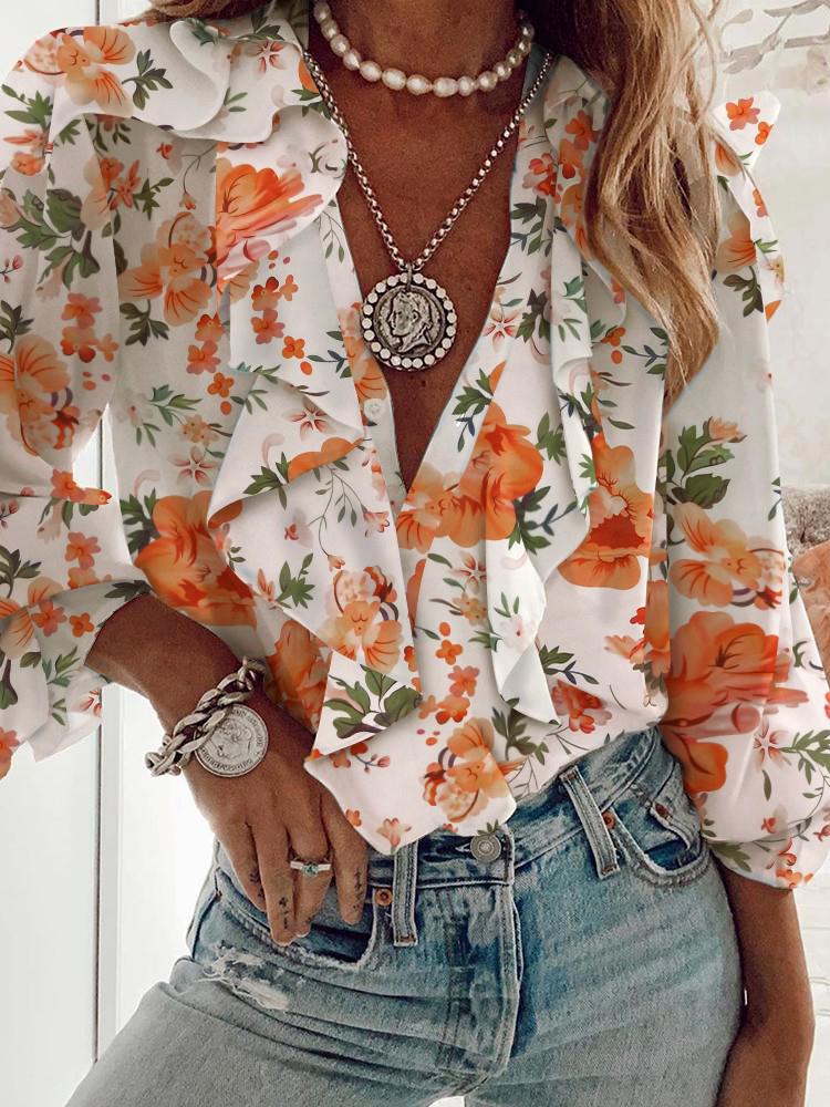 Printed Chiffon V-Neck Long Sleeve Blouses - Blouses - INS | Online Fashion Free Shipping Clothing, Dresses, Tops, Shoes - 20-30 - 28/06/2021 - BLO2106281131