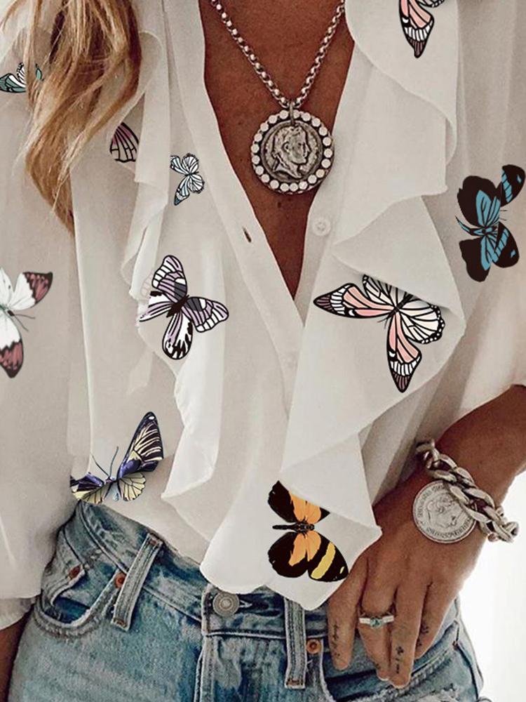 Printed Chiffon V-Neck Long Sleeve Blouses - Blouses - INS | Online Fashion Free Shipping Clothing, Dresses, Tops, Shoes - 20-30 - 28/06/2021 - BLO2106281131