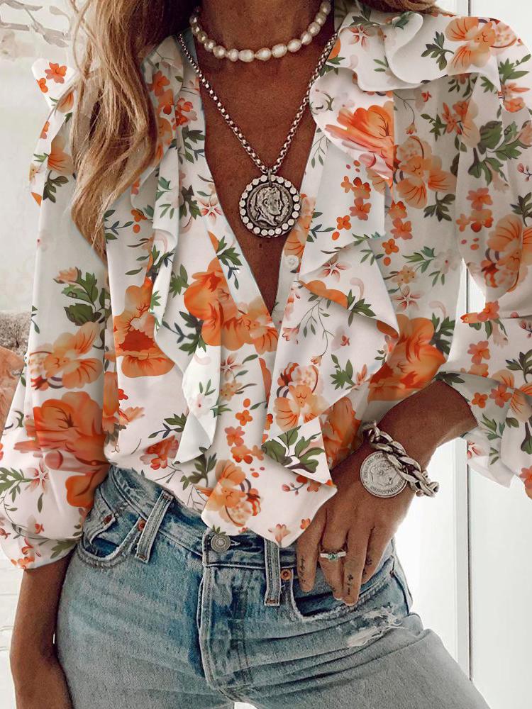 Printed Chiffon V-Neck Long Sleeve Blouses - Blouses - INS | Online Fashion Free Shipping Clothing, Dresses, Tops, Shoes - 20-30 - 28/06/2021 - BLO2106281131