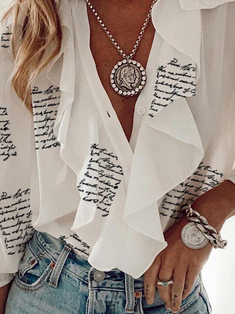 Printed Chiffon V-Neck Long Sleeve Blouses - Blouses - INS | Online Fashion Free Shipping Clothing, Dresses, Tops, Shoes - 20-30 - 28/06/2021 - BLO2106281131