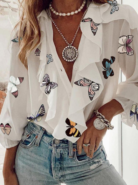 Printed Chiffon V-Neck Long Sleeve Blouses - Blouses - INS | Online Fashion Free Shipping Clothing, Dresses, Tops, Shoes - 20-30 - 28/06/2021 - BLO2106281131