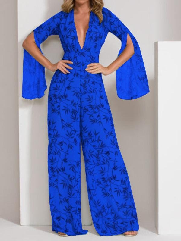 Printed Deep V Chiffon Wide-Leg Jumpsuit - Jumpsuit & Rompers - INS | Online Fashion Free Shipping Clothing, Dresses, Tops, Shoes - 16/06/2021 - 30-40 - Bottom