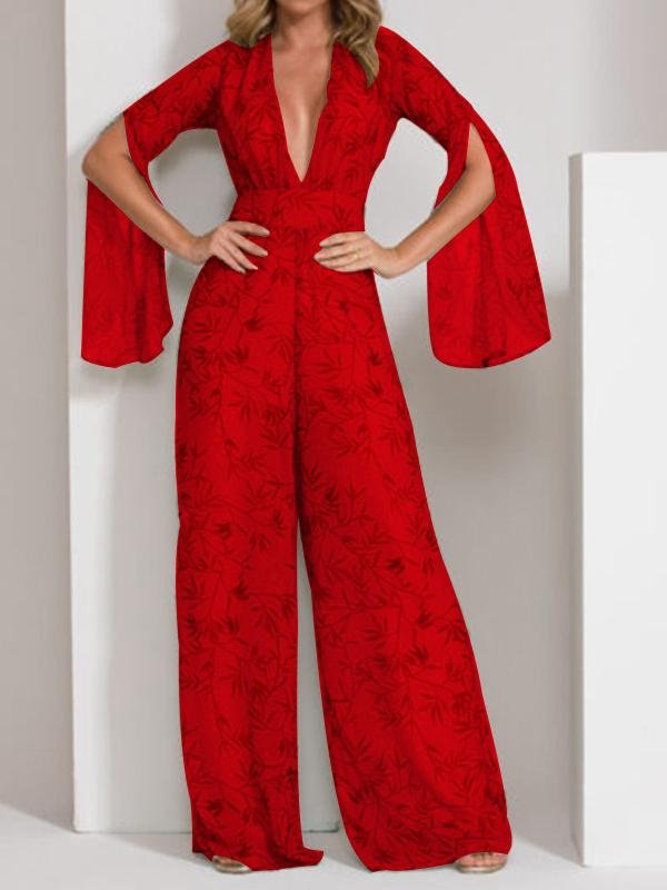 Printed Deep V Chiffon Wide-Leg Jumpsuit - Jumpsuit & Rompers - INS | Online Fashion Free Shipping Clothing, Dresses, Tops, Shoes - 16/06/2021 - 30-40 - Bottom