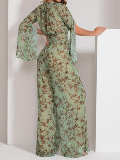 Printed Deep V Chiffon Wide-Leg Jumpsuit - Jumpsuit & Rompers - INS | Online Fashion Free Shipping Clothing, Dresses, Tops, Shoes - 16/06/2021 - 30-40 - Bottom