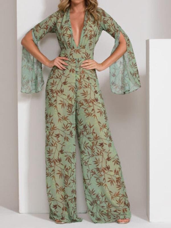 Printed Deep V Chiffon Wide-Leg Jumpsuit - Jumpsuit & Rompers - INS | Online Fashion Free Shipping Clothing, Dresses, Tops, Shoes - 16/06/2021 - 30-40 - Bottom