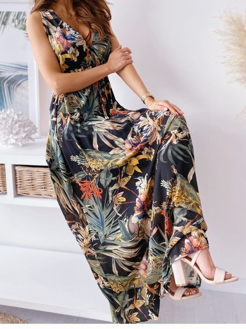 Printed Deep V-Neck Sleeveless Open Back Dress - Maxi Dresses - INS | Online Fashion Free Shipping Clothing, Dresses, Tops, Shoes - 01/07/2021 - 20-30 - Category_Maxi Dresses