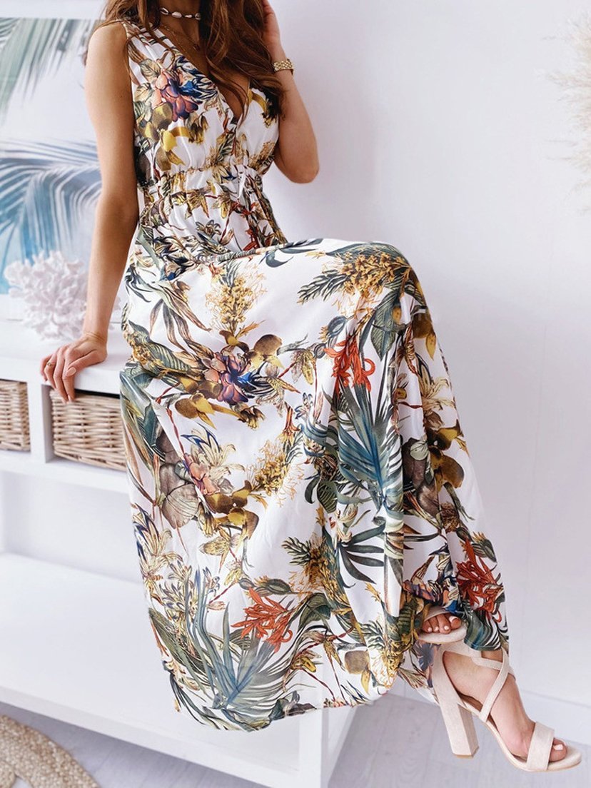 Printed Deep V-Neck Sleeveless Open Back Dress - Maxi Dresses - INS | Online Fashion Free Shipping Clothing, Dresses, Tops, Shoes - 01/07/2021 - 20-30 - Category_Maxi Dresses