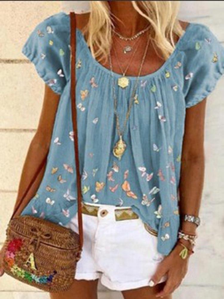 Printed Elastic Neckline Wide Short Sleeve T-Shirts - T-Shirts - INS | Online Fashion Free Shipping Clothing, Dresses, Tops, Shoes - 11/06/2021 - Category_T-Shirts - Color_Blue