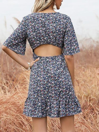 Printed Flared Short-sleeved Hollow Open Back Ruffle Dress - Mini Dresses - INS | Online Fashion Free Shipping Clothing, Dresses, Tops, Shoes - 22/03/2021 - AMZ - Color_Blue