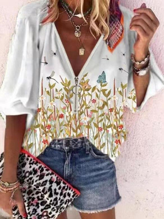 Printed Flowers Zipper Casual Ladies Blouse - Blouses - INS | Online Fashion Free Shipping Clothing, Dresses, Tops, Shoes - 15/07/2021 - 20-30 - BLO2107161195