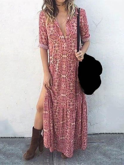 Printed Long Sleeve Split Long Dress - Maxi Dresses - INS | Online Fashion Free Shipping Clothing, Dresses, Tops, Shoes - 04/06/2021 - Color_Blue - Color_Gray