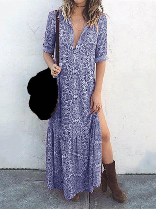 Printed Long Sleeve Split Long Dress - Maxi Dresses - INS | Online Fashion Free Shipping Clothing, Dresses, Tops, Shoes - 04/06/2021 - Color_Blue - Color_Gray