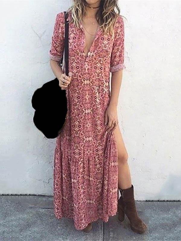 Printed Long Sleeve Split Long Dress - Maxi Dresses - INS | Online Fashion Free Shipping Clothing, Dresses, Tops, Shoes - 04/06/2021 - Color_Blue - Color_Gray