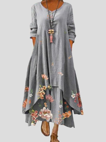 Printed Long-sleeved Irregular Hem Dress - Maxi Dresses - INS | Online Fashion Free Shipping Clothing, Dresses, Tops, Shoes - 16/06/2021 - 30-40 - color-gray