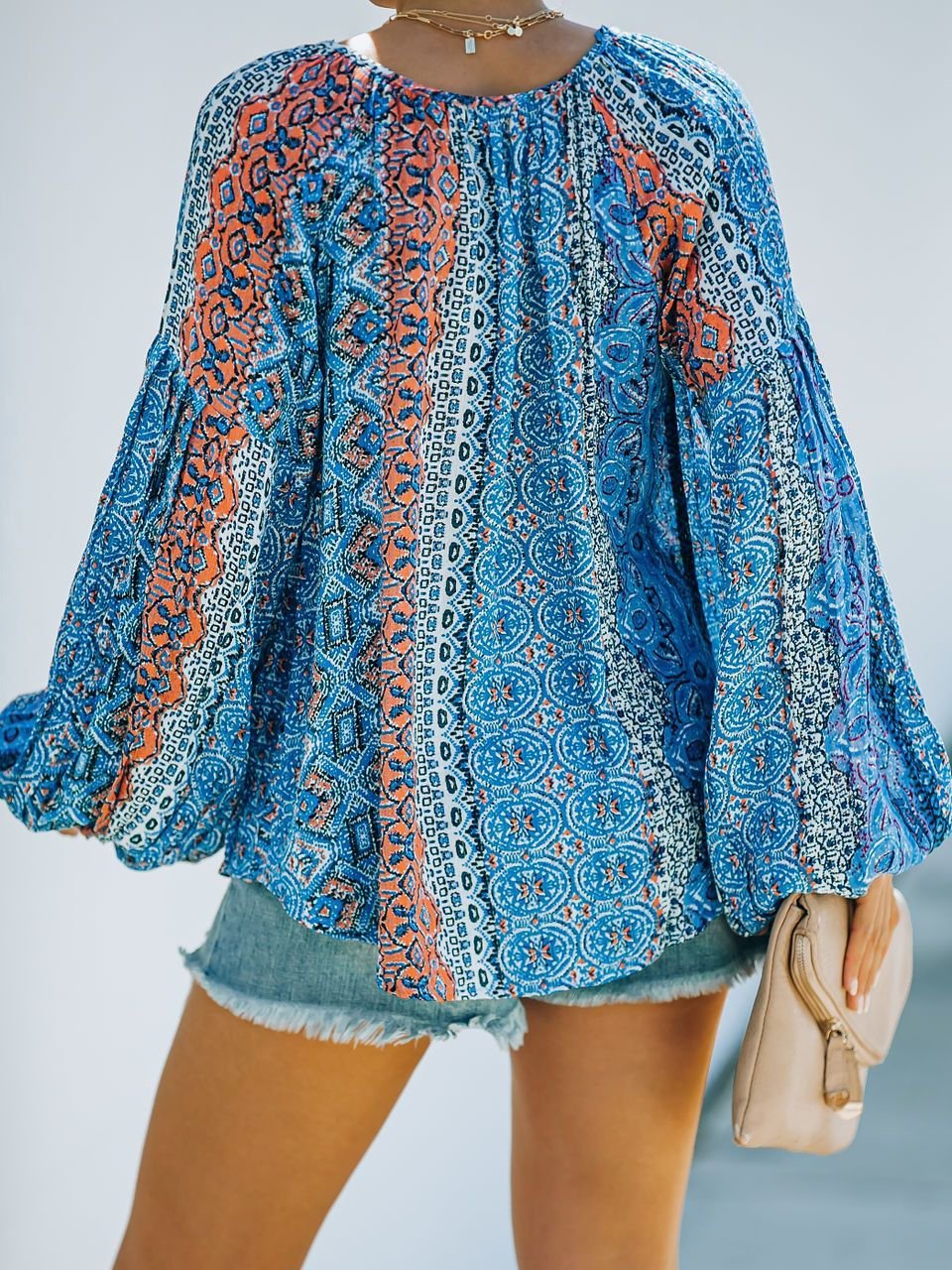 Printed Long-sleeved V-neck Lantern Sleeves Loose Blouse - Blouses - INS | Online Fashion Free Shipping Clothing, Dresses, Tops, Shoes - 20-30 - 22/07/2021 - BLO2107221249