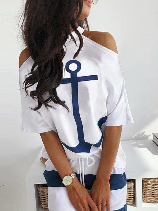 Printed Off-shoulder Casual T-shirt - T-shirts - INS | Online Fashion Free Shipping Clothing, Dresses, Tops, Shoes - 10-20 - 28/06/2021 - color-blue