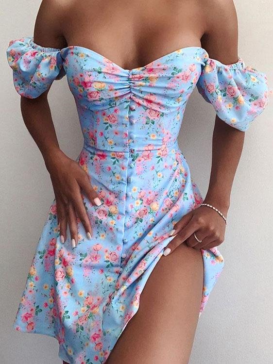 Printed One-shoulder Lantern Sleeve Short Dress - Mini Dresses - INS | Online Fashion Free Shipping Clothing, Dresses, Tops, Shoes - 25/06/2021 - 30-40 - color-blue