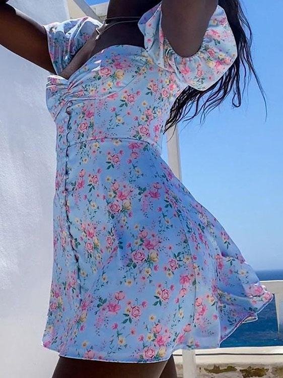 Printed One-shoulder Lantern Sleeve Short Dress - Mini Dresses - INS | Online Fashion Free Shipping Clothing, Dresses, Tops, Shoes - 25/06/2021 - 30-40 - color-blue