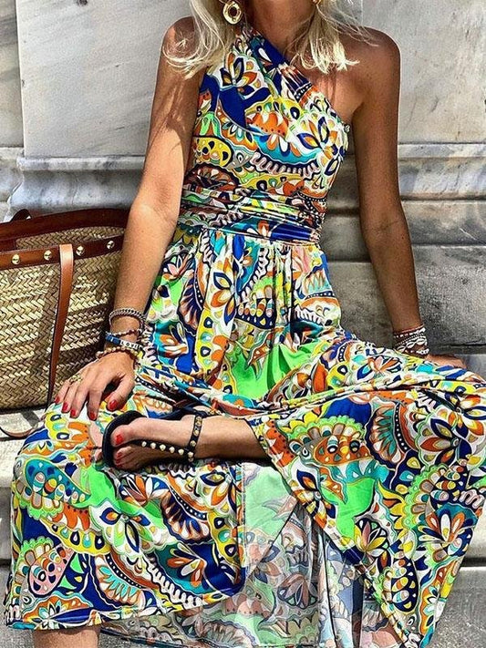 Printed One-Shoulder Sleeve Bohemian Dress - Maxi Dresses - INS | Online Fashion Free Shipping Clothing, Dresses, Tops, Shoes - 15/07/2021 - 30-40 - Category_Maxi Dresses