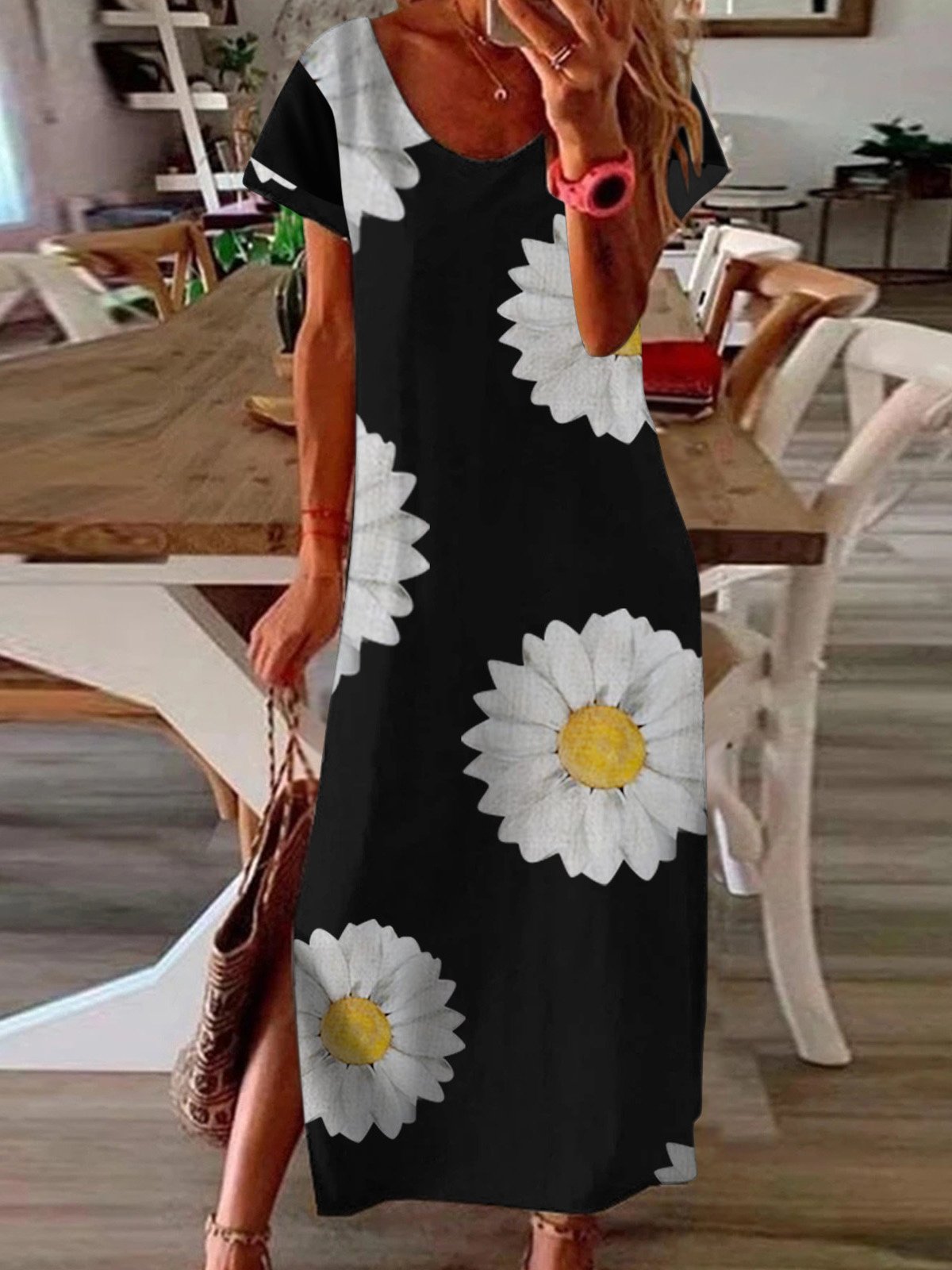 Printed Round Neck Split Short Sleeve Loose Dress - Maxi Dresses - INS | Online Fashion Free Shipping Clothing, Dresses, Tops, Shoes - 20-30 - 21/07/2021 - Category_Maxi Dresses