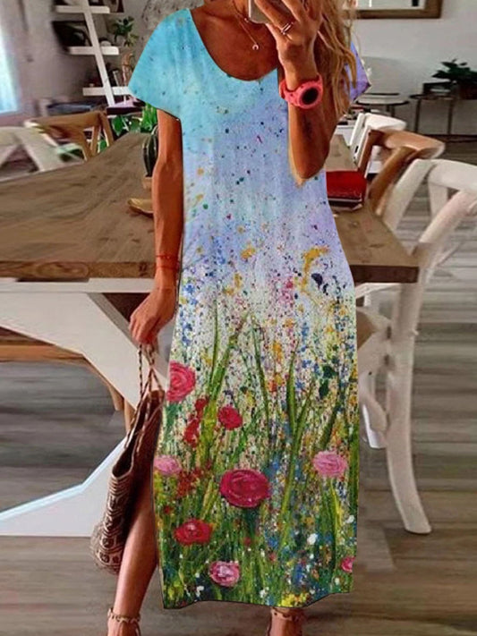 Printed Round Neck Split Short Sleeve Loose Dress - Maxi Dresses - INS | Online Fashion Free Shipping Clothing, Dresses, Tops, Shoes - 20-30 - 21/07/2021 - Category_Maxi Dresses