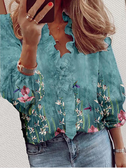 Printed Ruffled Long Sleeve Casual Shirt - Blouses - INS | Online Fashion Free Shipping Clothing, Dresses, Tops, Shoes - 20-30 - 21/07/2021 - BLO2107211237