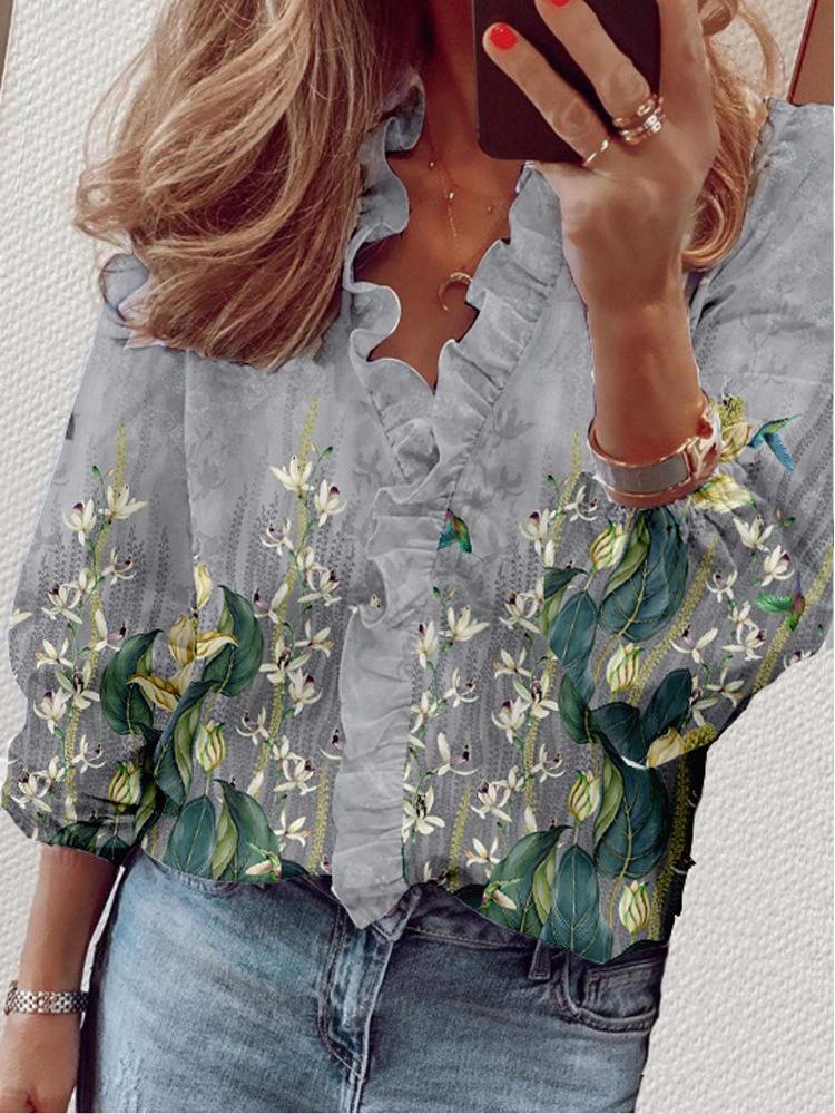 Printed Ruffled Long Sleeve Casual Shirt - Blouses - INS | Online Fashion Free Shipping Clothing, Dresses, Tops, Shoes - 20-30 - 21/07/2021 - BLO2107211237