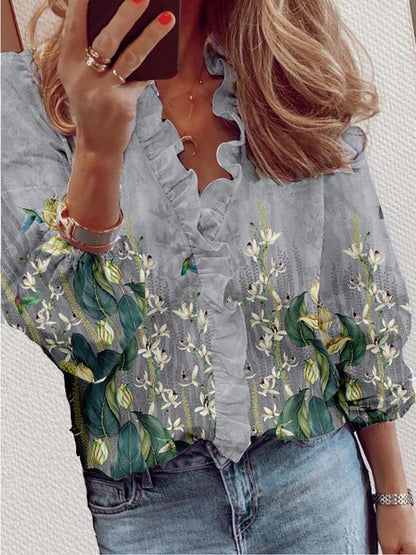 Printed Ruffled Long Sleeve Casual Shirt - Blouses - INS | Online Fashion Free Shipping Clothing, Dresses, Tops, Shoes - 20-30 - 21/07/2021 - BLO2107211237