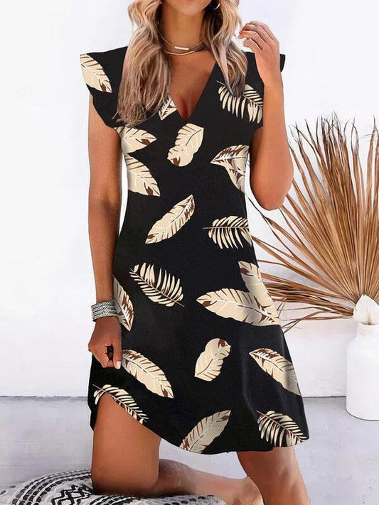 Printed Ruffled Short Sleeve V-neck Dress - Mini Dresses - INS | Online Fashion Free Shipping Clothing, Dresses, Tops, Shoes - 20-30 - 25/06/2021 - color-black