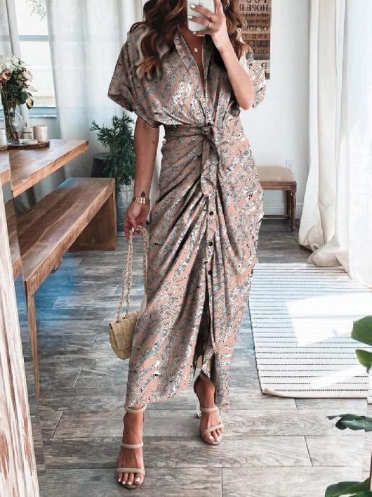 Printed Short Sleeve Belted Shirt Dress - Maxi Dresses - INS | Online Fashion Free Shipping Clothing, Dresses, Tops, Shoes - 26/07/2021 - 30-40 - Category_Maxi Dresses