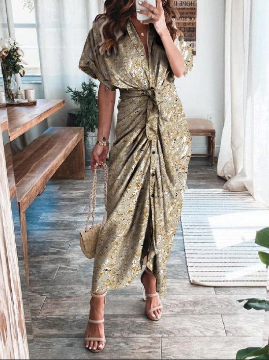 Printed Short Sleeve Belted Shirt Dress - Maxi Dresses - INS | Online Fashion Free Shipping Clothing, Dresses, Tops, Shoes - 26/07/2021 - 30-40 - Category_Maxi Dresses