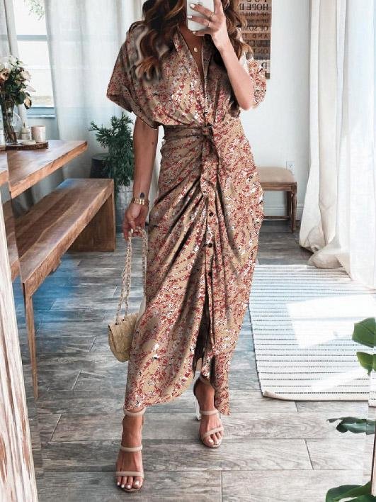 Printed Short Sleeve Belted Shirt Dress - Maxi Dresses - INS | Online Fashion Free Shipping Clothing, Dresses, Tops, Shoes - 26/07/2021 - 30-40 - Category_Maxi Dresses