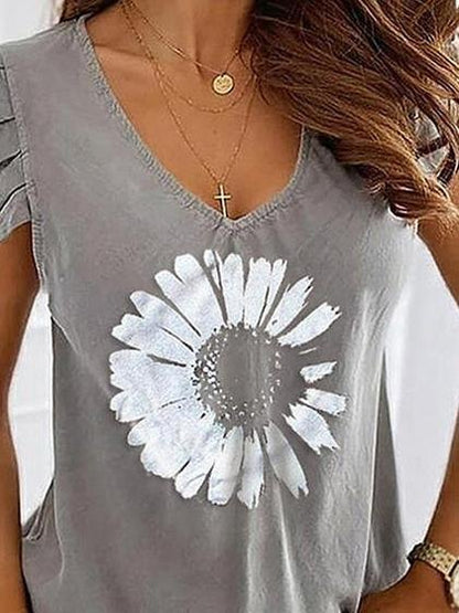 Printed Short Sleeve Ruffled V-Neck T-Shirt - T-Shirts - INS | Online Fashion Free Shipping Clothing, Dresses, Tops, Shoes - 03/07/2021 - 10-20 - Category_T-Shirts