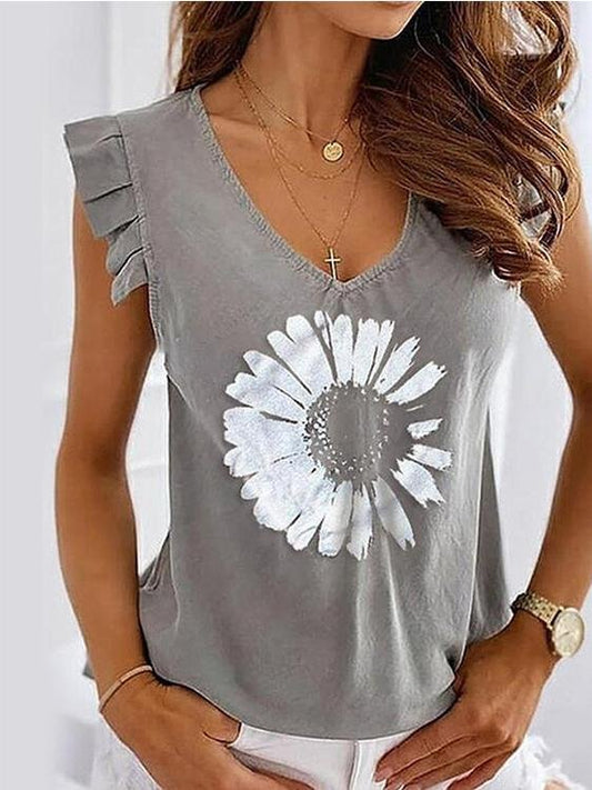 Printed Short Sleeve Ruffled V-Neck T-Shirt - T-Shirts - INS | Online Fashion Free Shipping Clothing, Dresses, Tops, Shoes - 03/07/2021 - 10-20 - Category_T-Shirts