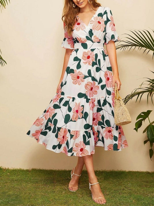 Printed Short Sleeve V-neck Midi Dresses - Midi Dresses - INS | Online Fashion Free Shipping Clothing, Dresses, Tops, Shoes - 21/06/2021 - 30-40 - color-blue