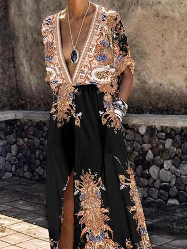 Printed Short Sleeve V-Neck Slit Dress - Maxi Dresses - INS | Online Fashion Free Shipping Clothing, Dresses, Tops, Shoes - 15/06/2021 - Category_Maxi Dresses - Color_Black