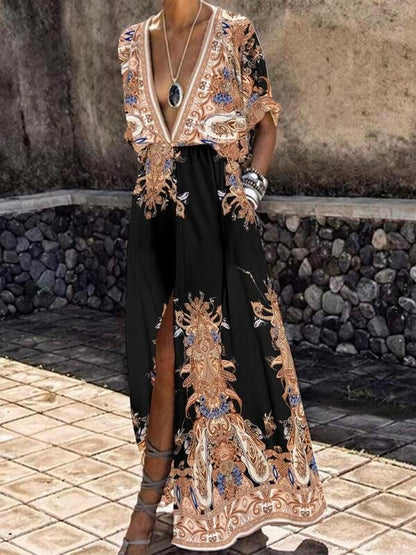 Printed Short Sleeve V-Neck Slit Dress - Maxi Dresses - INS | Online Fashion Free Shipping Clothing, Dresses, Tops, Shoes - 15/06/2021 - Category_Maxi Dresses - Color_Black