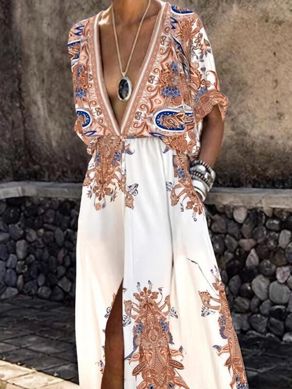 Printed Short Sleeve V-Neck Slit Dress - Maxi Dresses - INS | Online Fashion Free Shipping Clothing, Dresses, Tops, Shoes - 15/06/2021 - Category_Maxi Dresses - Color_Black